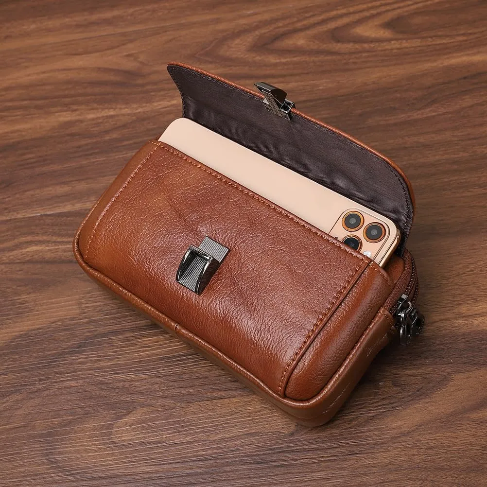 Men's Leather Waist Bag Leather Phone Purse Small Waist Pack Carry Pouch S Size Horizontal Brown