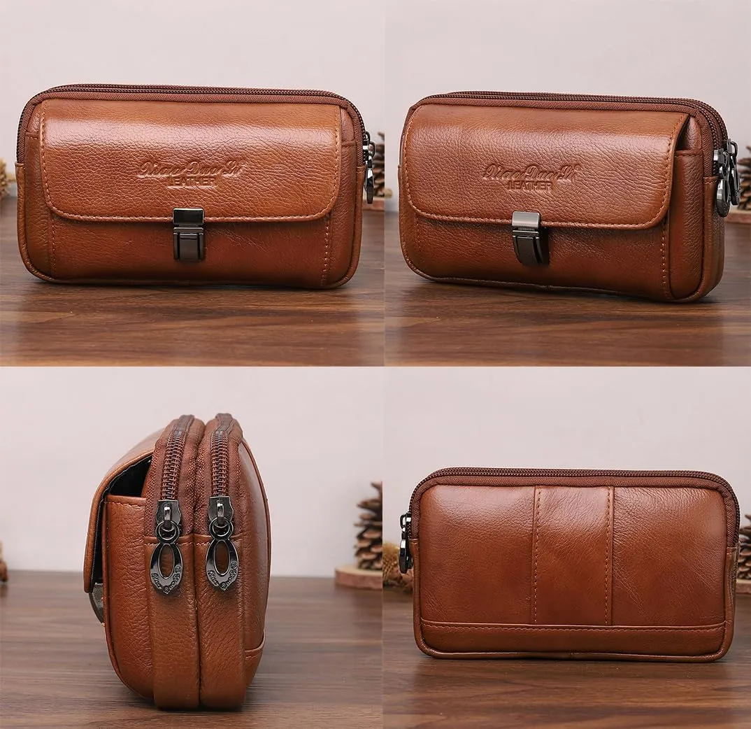 Men's Leather Waist Bag Leather Phone Purse Small Waist Pack Carry Pouch S Size Horizontal Brown