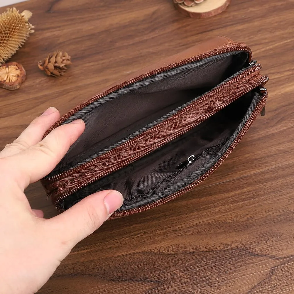 Men's Leather Waist Bag Leather Phone Purse Small Waist Pack Carry Pouch S Size Horizontal Brown