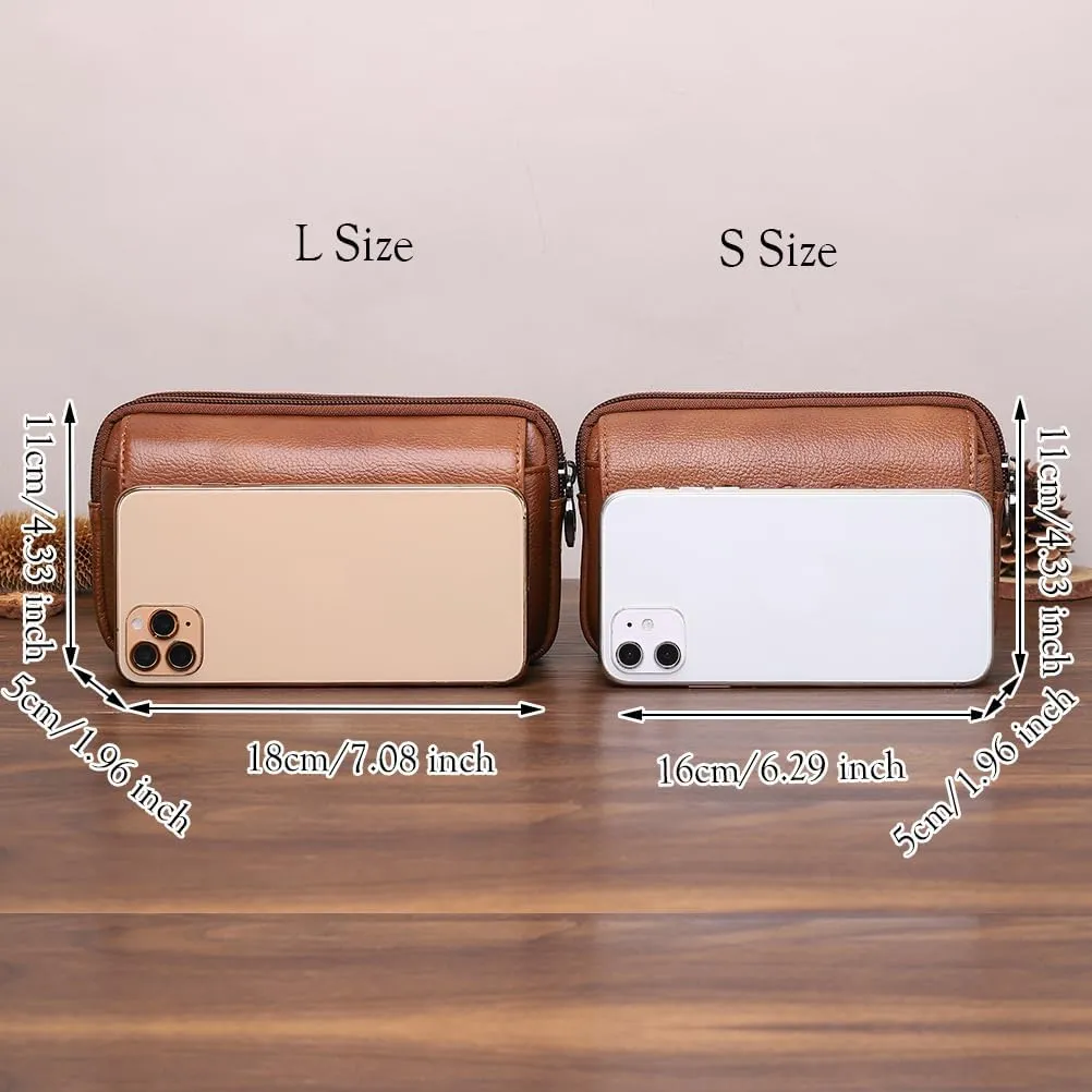 Men's Leather Waist Bag Leather Phone Purse Small Waist Pack Carry Pouch S Size Horizontal Brown