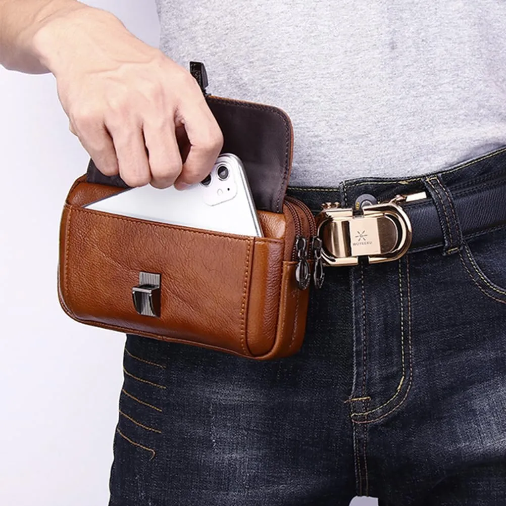 Men's Leather Waist Bag Leather Phone Purse Small Waist Pack Carry Pouch S Size Horizontal Brown
