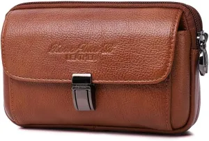 Men's Leather Waist Bag Leather Phone Purse Small Waist Pack Carry Pouch S Size Horizontal Brown