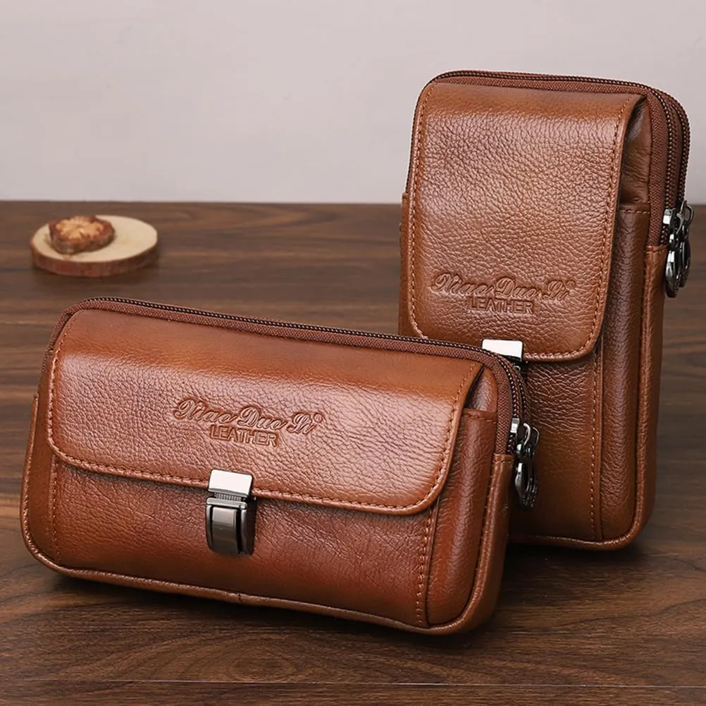 Men's Leather Waist Bag Leather Phone Purse Small Waist Pack Carry Pouch S Size Horizontal Brown