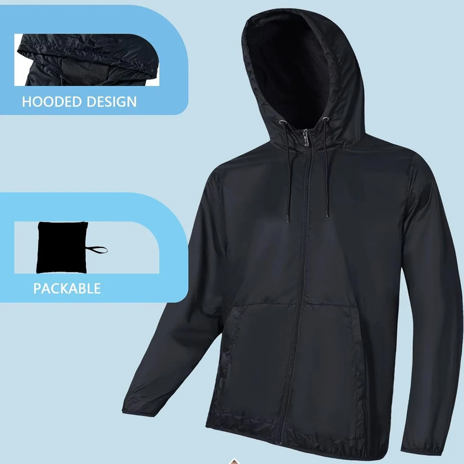 Mens Lightweight Running Jacket Waterproof Cycling Jackets Packable Uv Sun Protection Windbreaker with Hood