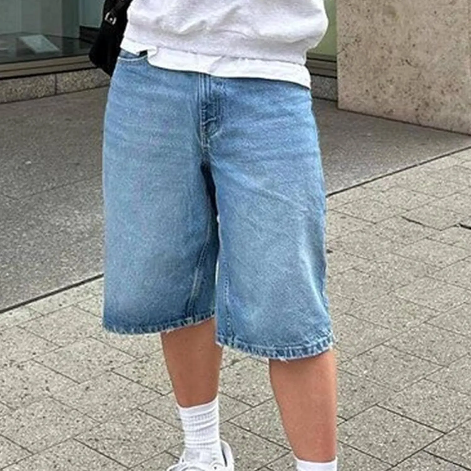 Mens Loose Denim Shorts Baggy Casual Wide Leg Mid Jean Jorts Zipper Hip Hop Shorts with Pockets Streetwear