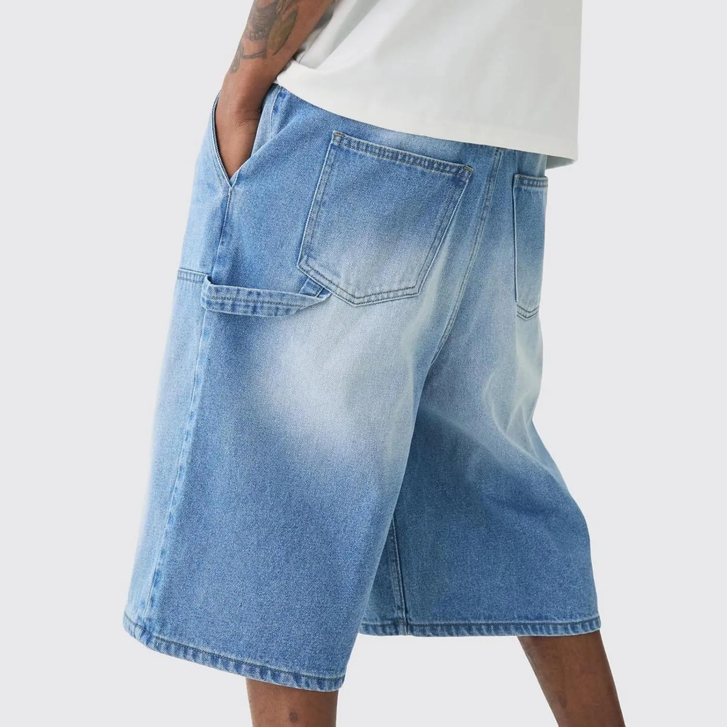 Mens Loose Denim Shorts Baggy Casual Wide Leg Mid Jean Jorts Zipper Hip Hop Shorts with Pockets Streetwear