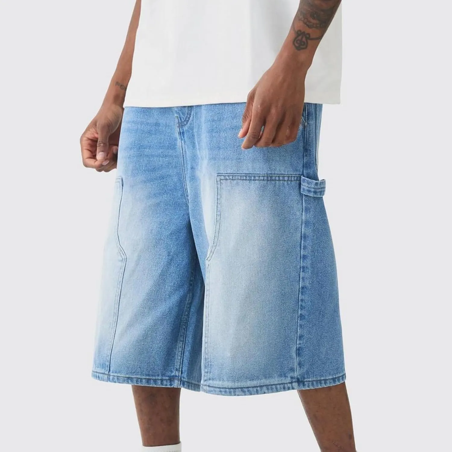 Mens Loose Denim Shorts Baggy Casual Wide Leg Mid Jean Jorts Zipper Hip Hop Shorts with Pockets Streetwear