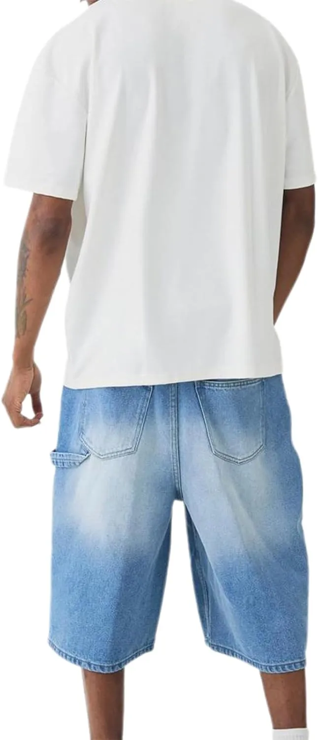 Mens Loose Denim Shorts Baggy Casual Wide Leg Mid Jean Jorts Zipper Hip Hop Shorts with Pockets Streetwear
