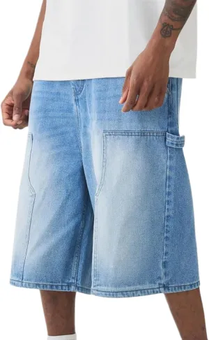 Mens Loose Denim Shorts Baggy Casual Wide Leg Mid Jean Jorts Zipper Hip Hop Shorts with Pockets Streetwear