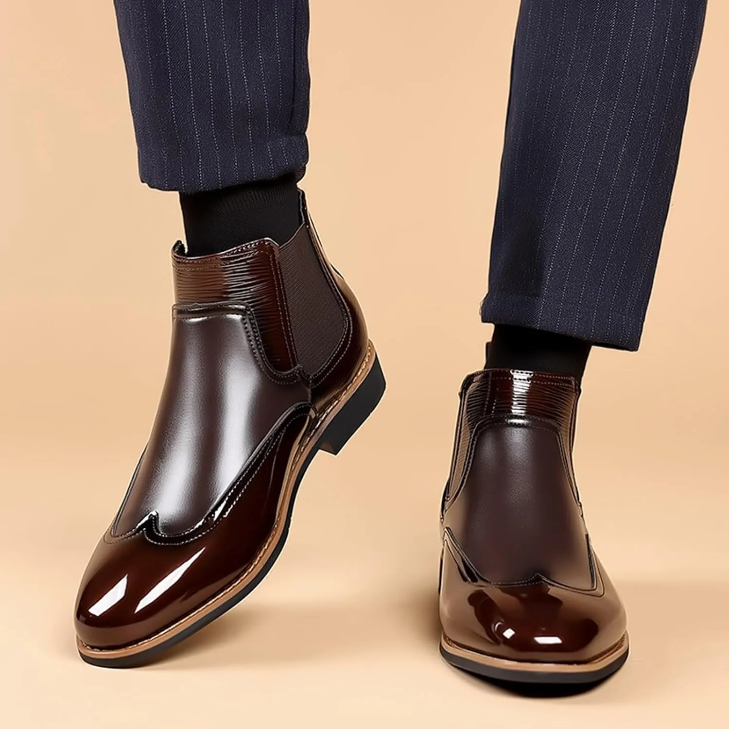 Men's Patent Leather Chelsea Dress Boots Fashion Leather Splicing Elastic Band Pointed-Toe Slip On Ankle Boots Casual Business Formal Oxford Booties