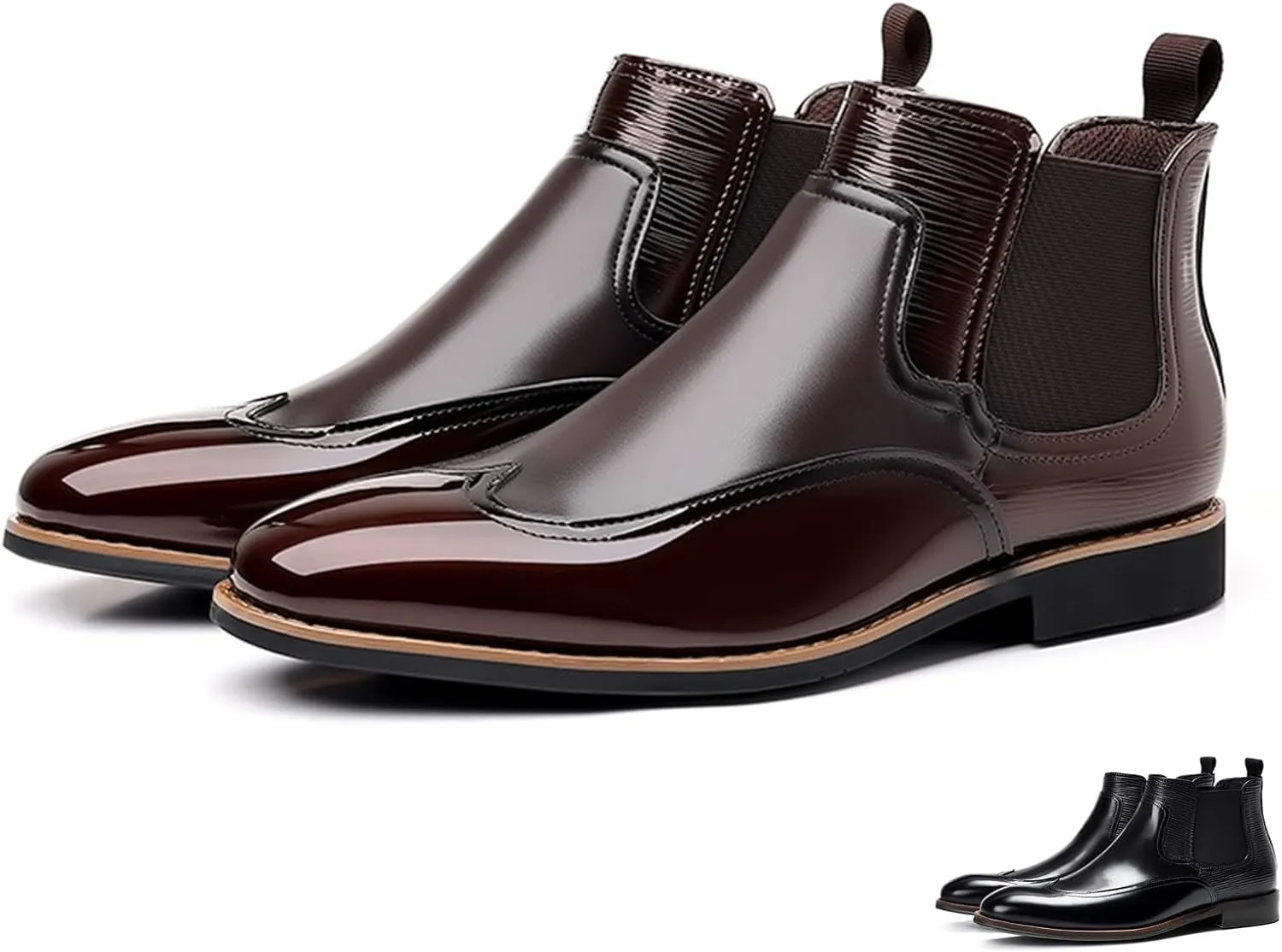 Men's Patent Leather Chelsea Dress Boots Fashion Leather Splicing Elastic Band Pointed-Toe Slip On Ankle Boots Casual Business Formal Oxford Booties