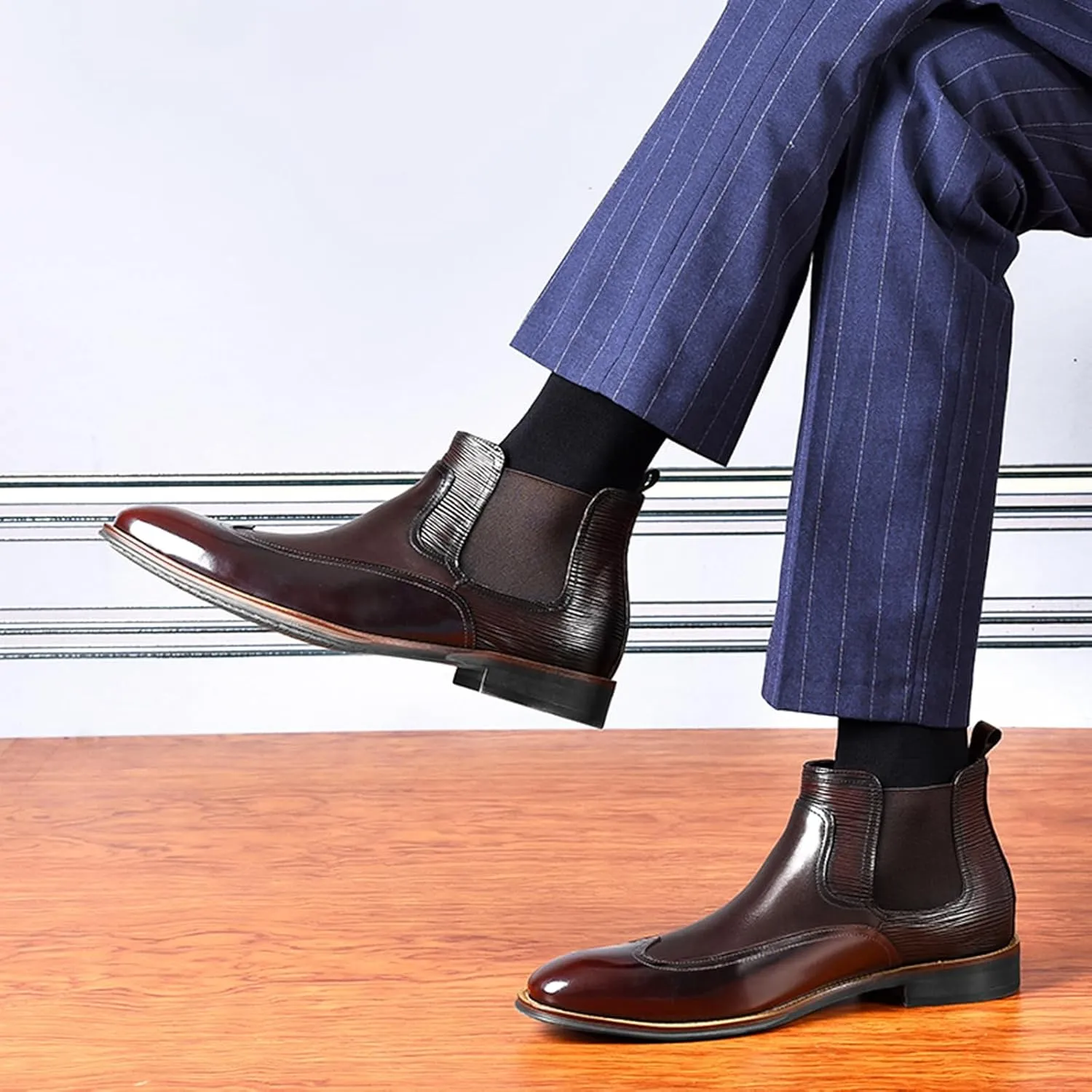 Men's Patent Leather Chelsea Dress Boots Fashion Leather Splicing Elastic Band Pointed-Toe Slip On Ankle Boots Casual Business Formal Oxford Booties