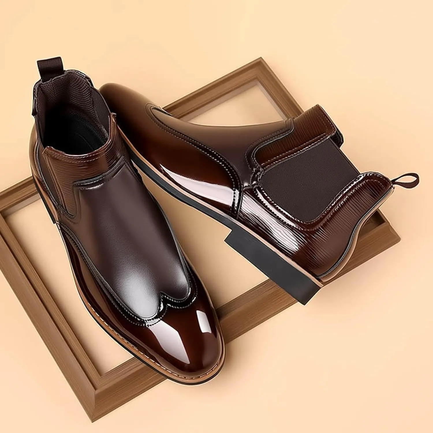 Men's Patent Leather Chelsea Dress Boots Fashion Leather Splicing Elastic Band Pointed-Toe Slip On Ankle Boots Casual Business Formal Oxford Booties