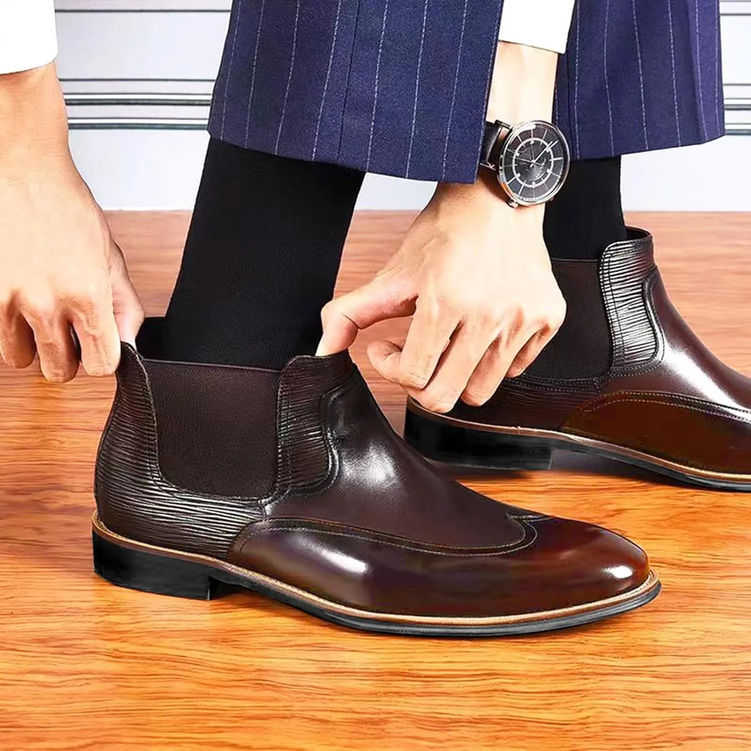 Men's Patent Leather Chelsea Dress Boots Fashion Leather Splicing Elastic Band Pointed-Toe Slip On Ankle Boots Casual Business Formal Oxford Booties