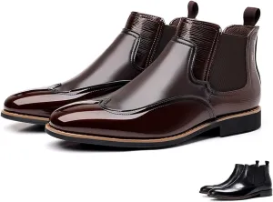 Men's Patent Leather Chelsea Dress Boots Fashion Leather Splicing Elastic Band Pointed-Toe Slip On Ankle Boots Casual Business Formal Oxford Booties