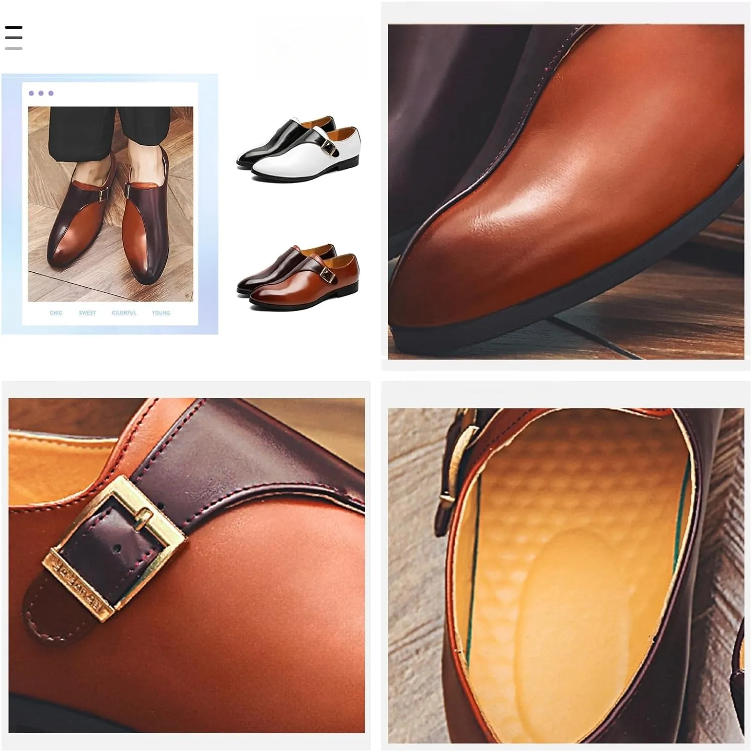 Men's Pointed-Toe Leather Loafers with Metal Buckle Strap - Slip-On Dress Shoes for Business Office Formal & Casual Wear