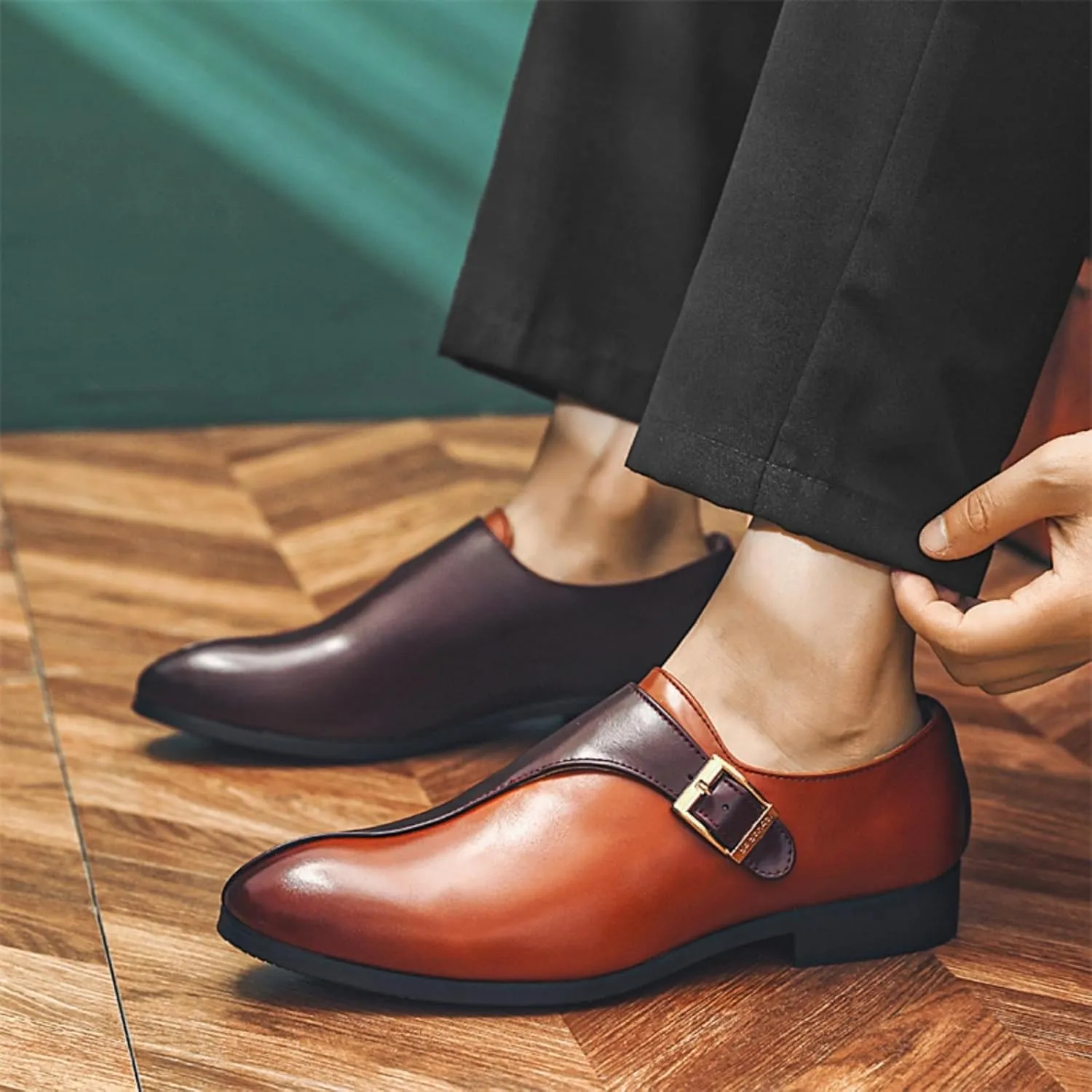 Men's Pointed-Toe Leather Loafers with Metal Buckle Strap - Slip-On Dress Shoes for Business Office Formal & Casual Wear
