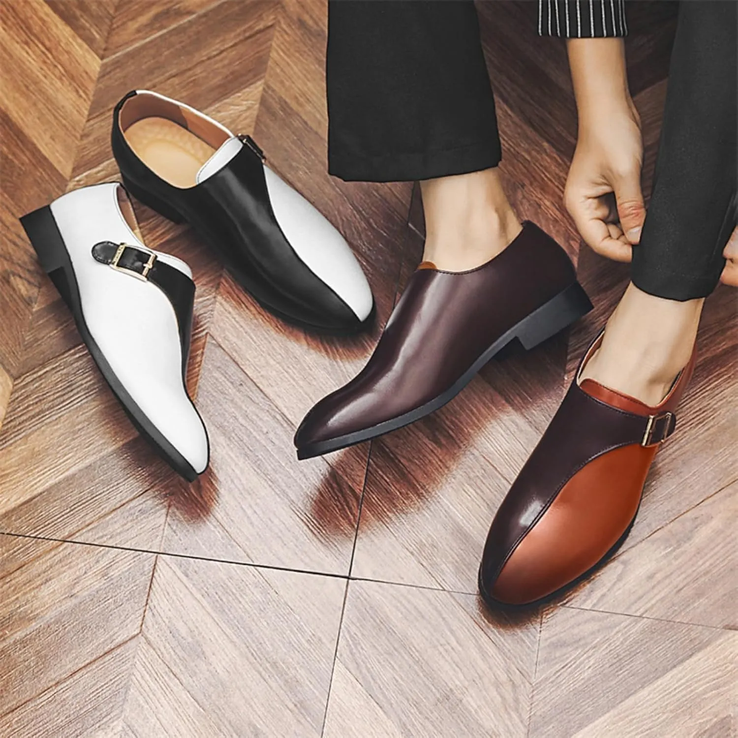 Men's Pointed-Toe Leather Loafers with Metal Buckle Strap - Slip-On Dress Shoes for Business Office Formal & Casual Wear