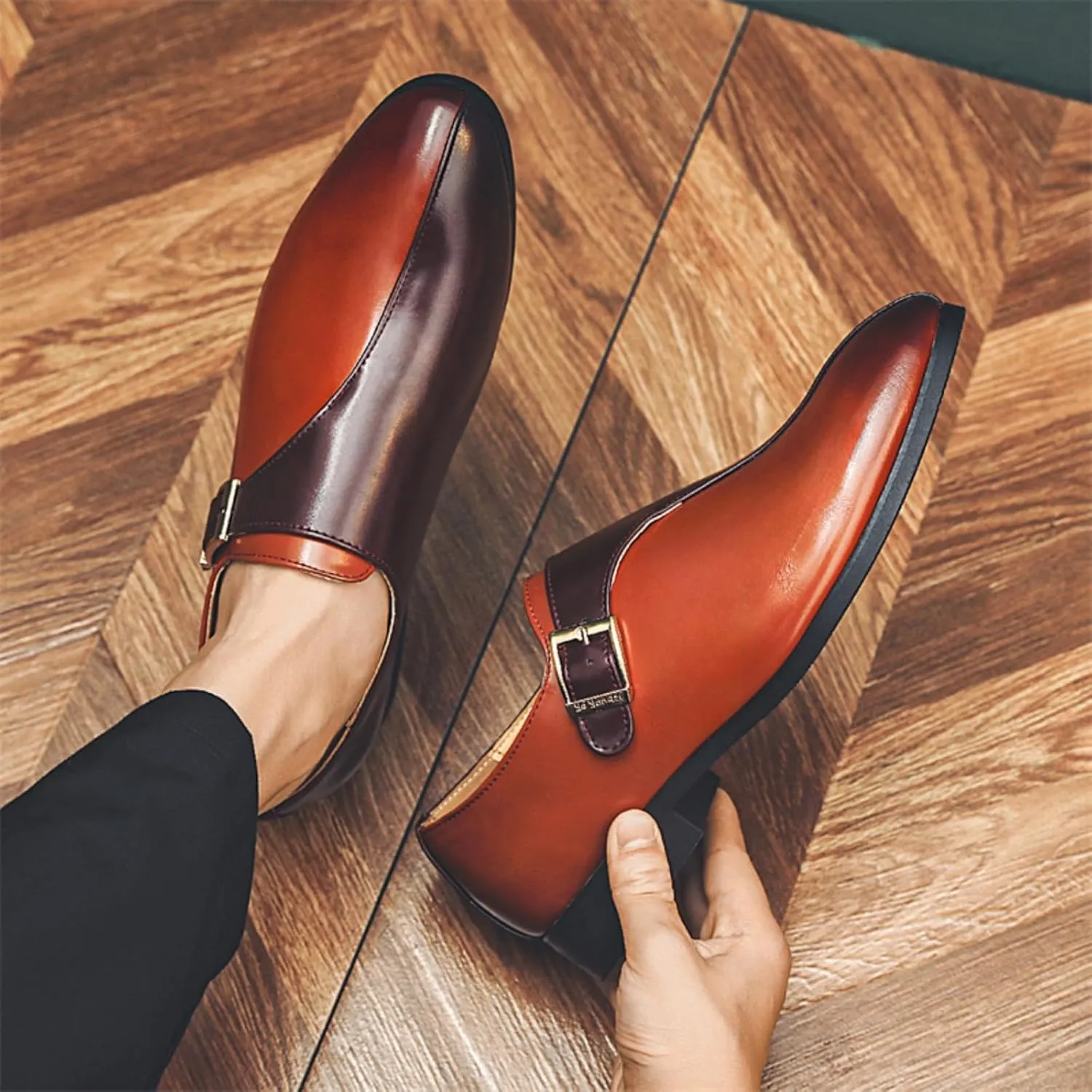 Men's Pointed-Toe Leather Loafers with Metal Buckle Strap - Slip-On Dress Shoes for Business Office Formal & Casual Wear