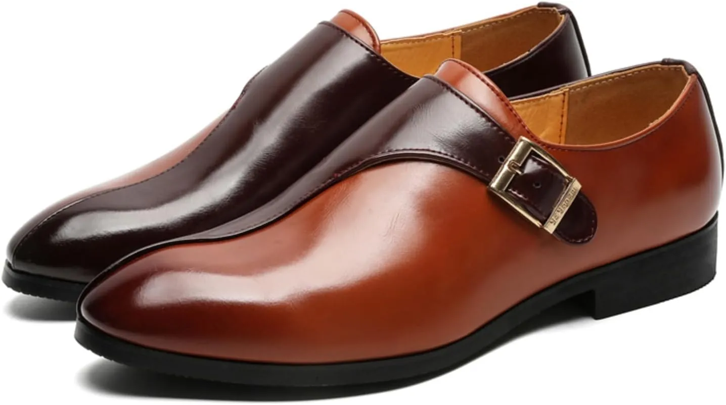 Men's Pointed-Toe Leather Loafers with Metal Buckle Strap - Slip-On Dress Shoes for Business Office Formal & Casual Wear
