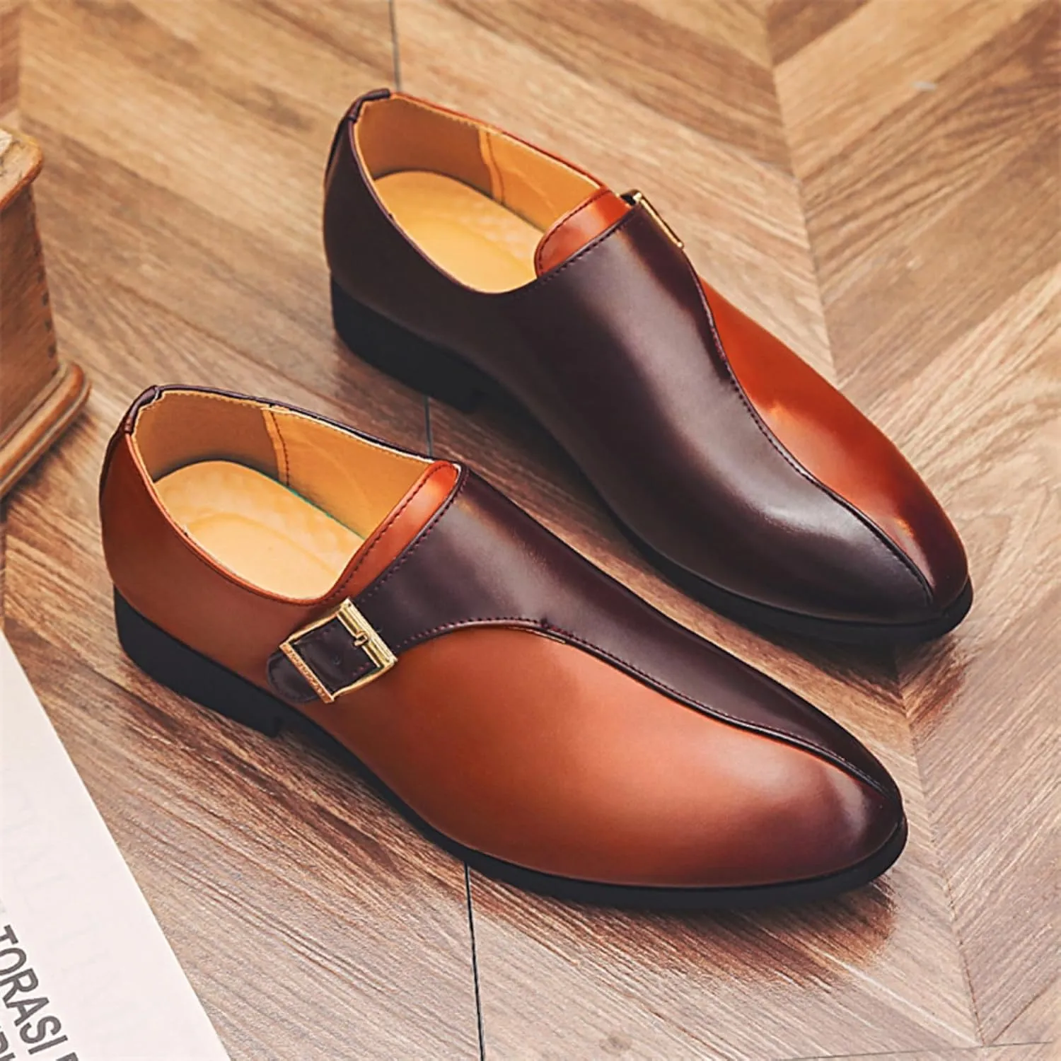 Men's Pointed-Toe Leather Loafers with Metal Buckle Strap - Slip-On Dress Shoes for Business Office Formal & Casual Wear