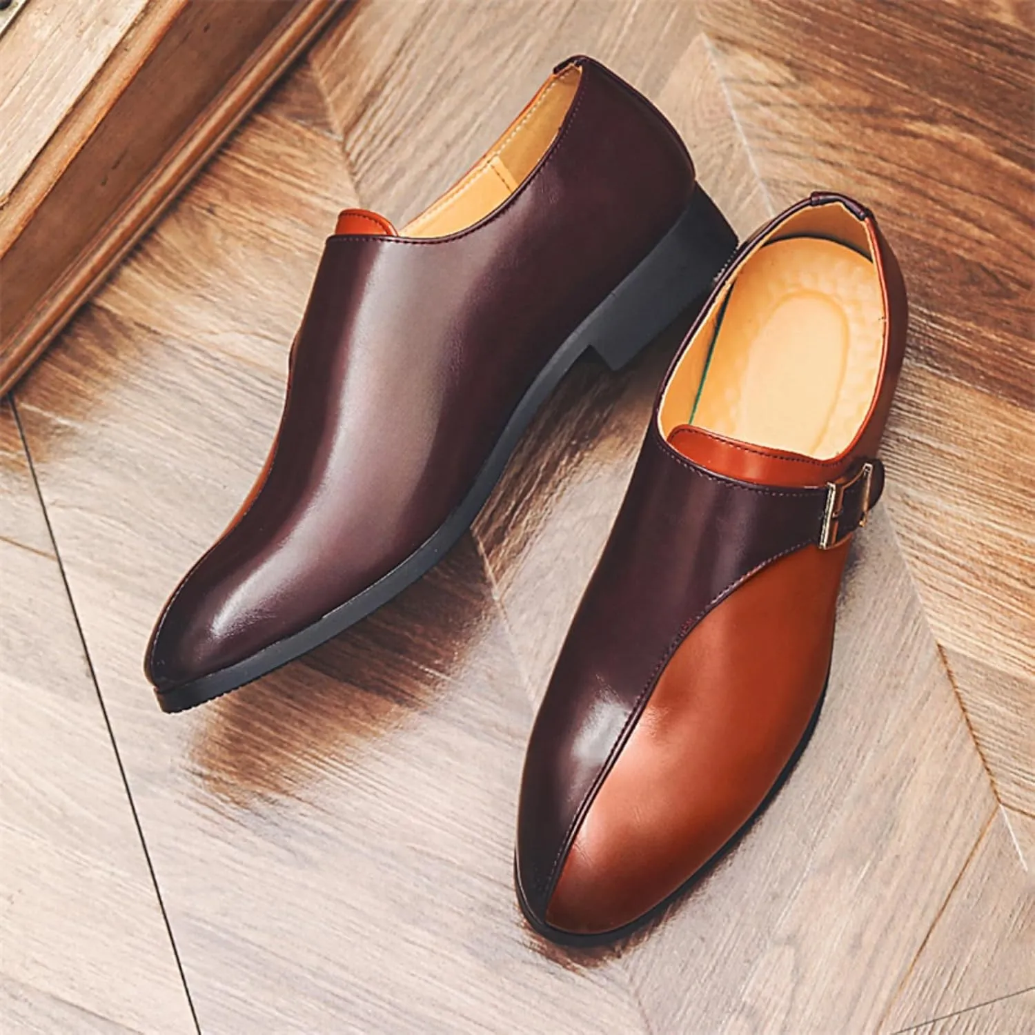 Men's Pointed-Toe Leather Loafers with Metal Buckle Strap - Slip-On Dress Shoes for Business Office Formal & Casual Wear