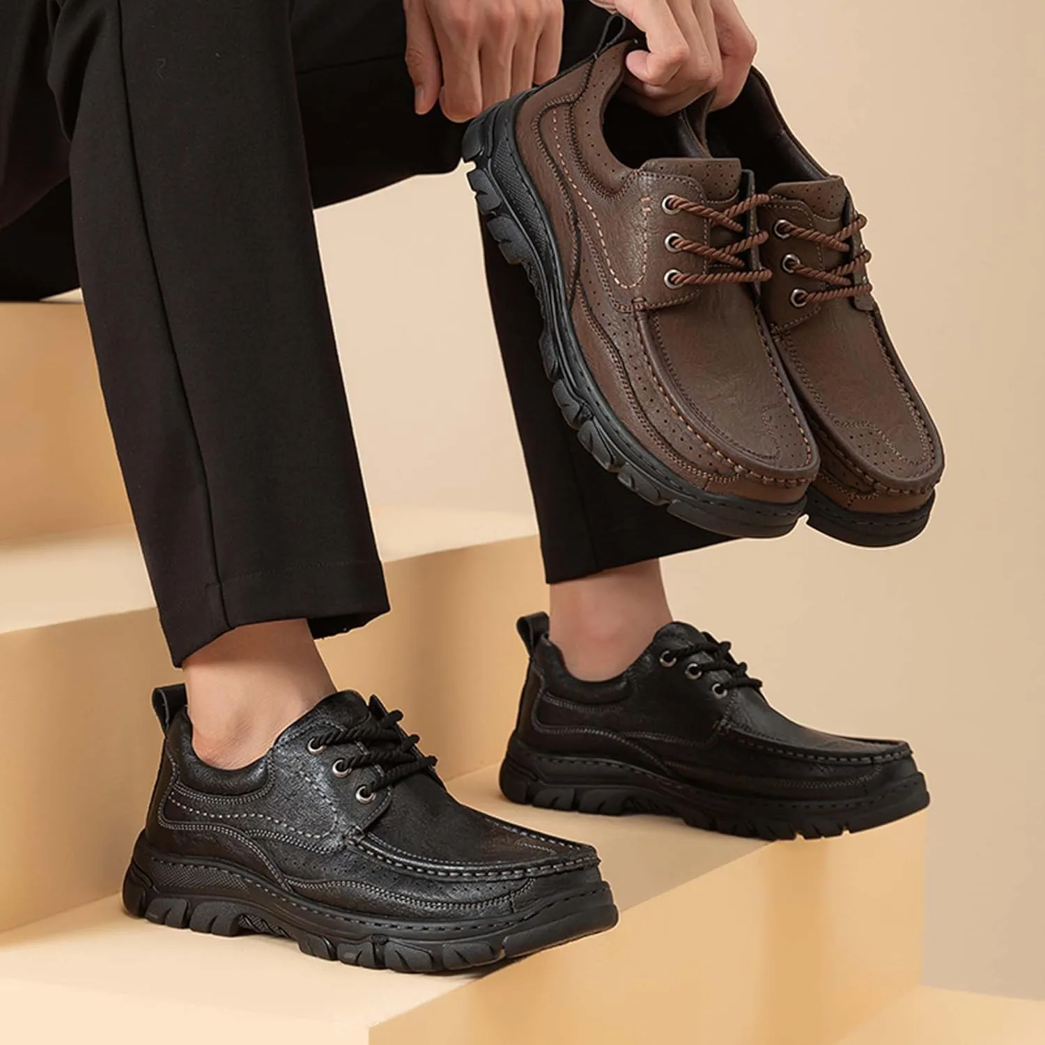 Men's Premium Cowhide Leather Walking Shoes, Fashion Casual Sneakers, Business Casual Leather Shoes, Driving Shoes, Soft, Comfortable, Wear-Resistant, Hand-Stitched