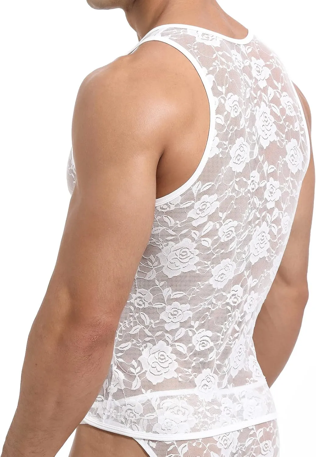 Men's Sexy Vest Lace Muscle Floral Sleeveless Undershirt Semi Transparent Sports Tank Tops