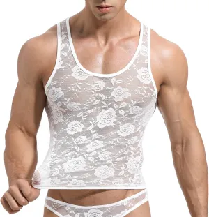 Men's Sexy Vest Lace Muscle Floral Sleeveless Undershirt Semi Transparent Sports Tank Tops