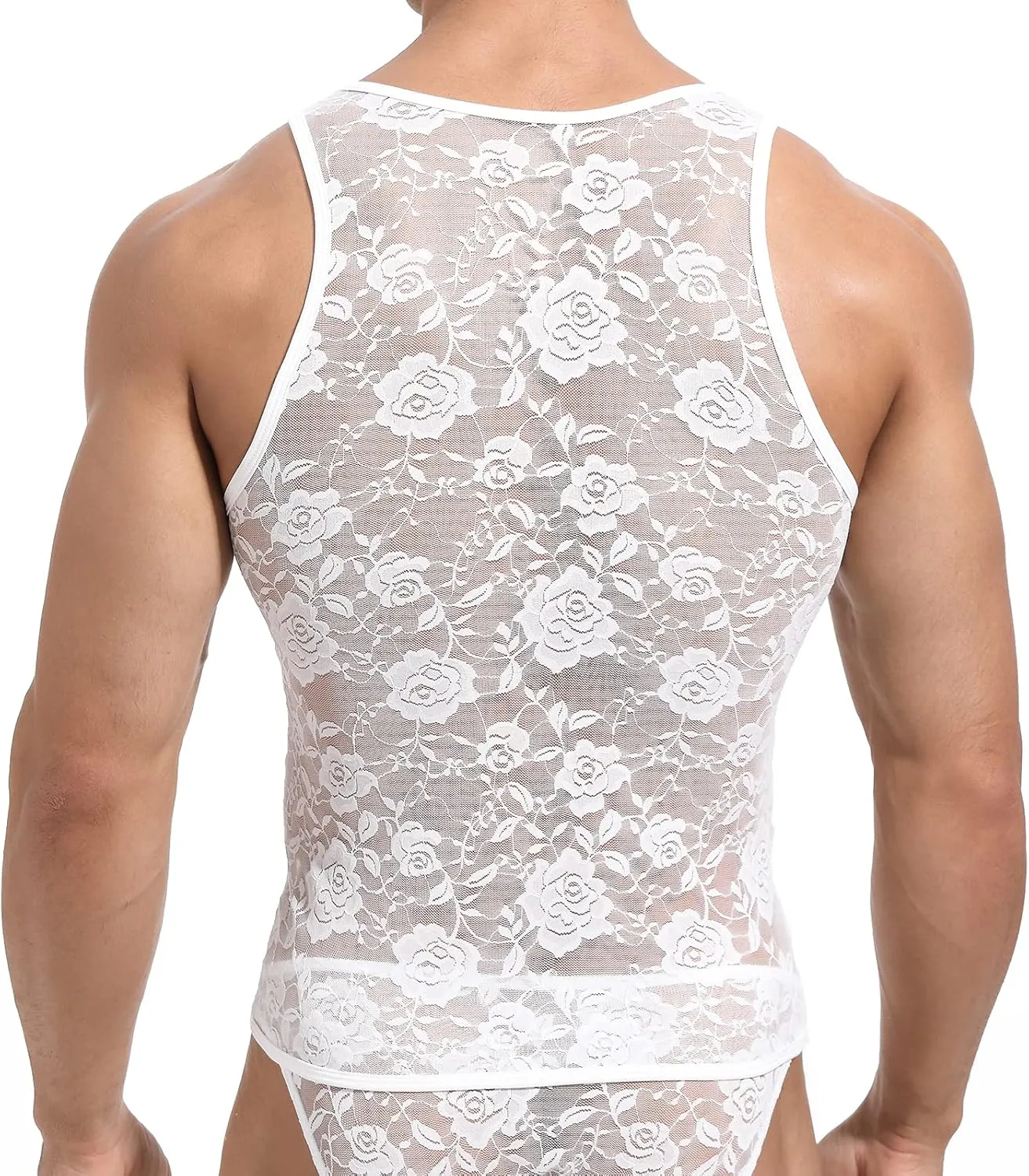 Men's Sexy Vest Lace Muscle Floral Sleeveless Undershirt Semi Transparent Sports Tank Tops
