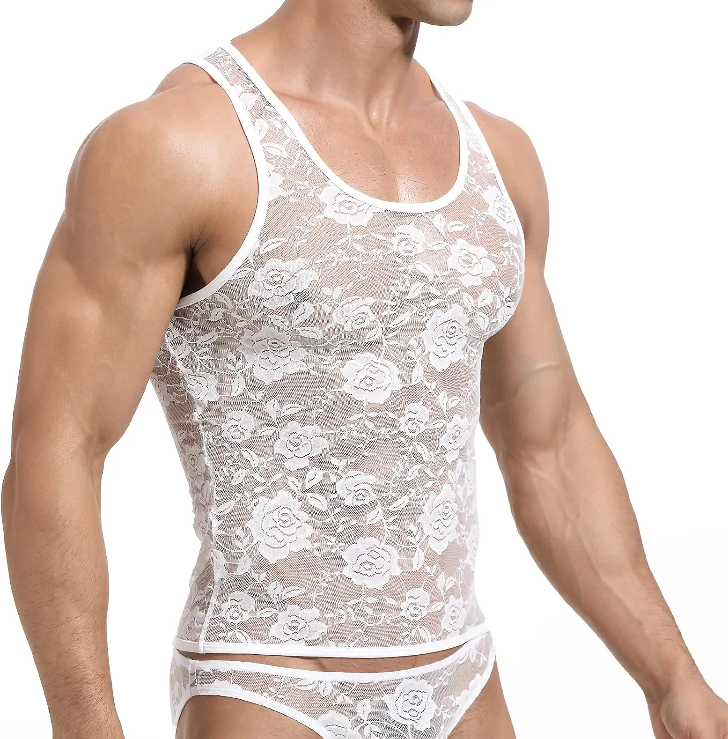 Men's Sexy Vest Lace Muscle Floral Sleeveless Undershirt Semi Transparent Sports Tank Tops
