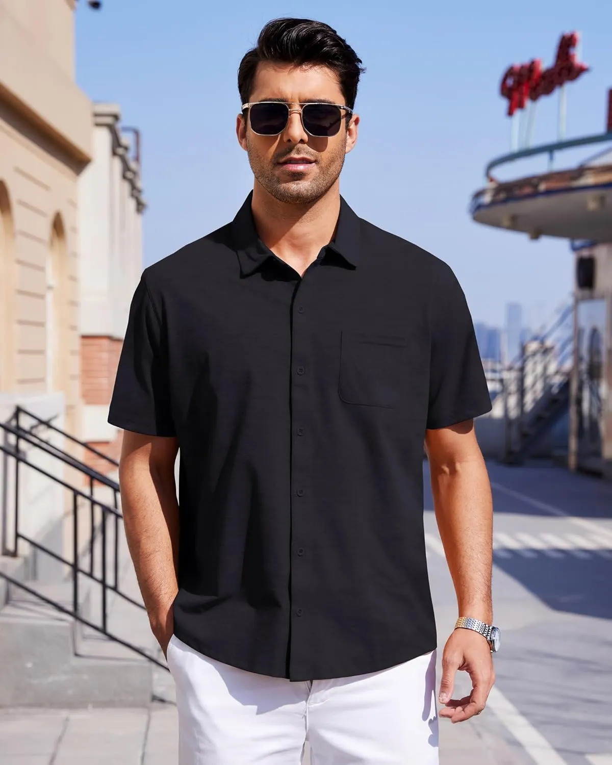 Mens Short Sleeve Dress Shirts Business Casual Button Down Shirt Summer Beach Wedding Untucked Shirts with Pocket