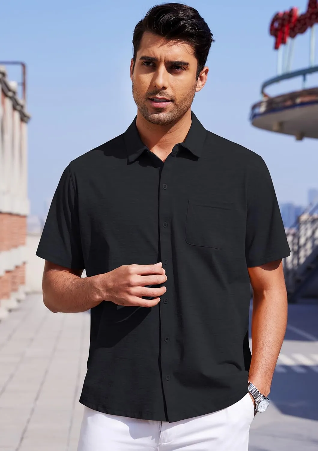 Mens Short Sleeve Dress Shirts Business Casual Button Down Shirt Summer Beach Wedding Untucked Shirts with Pocket