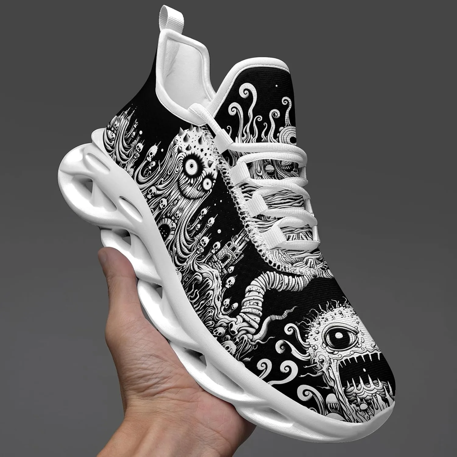 Men's Skull Gothic Running Shoes Lightweight Breathable Sport Shoes for Women Cushion Slip On Walking Sneaker