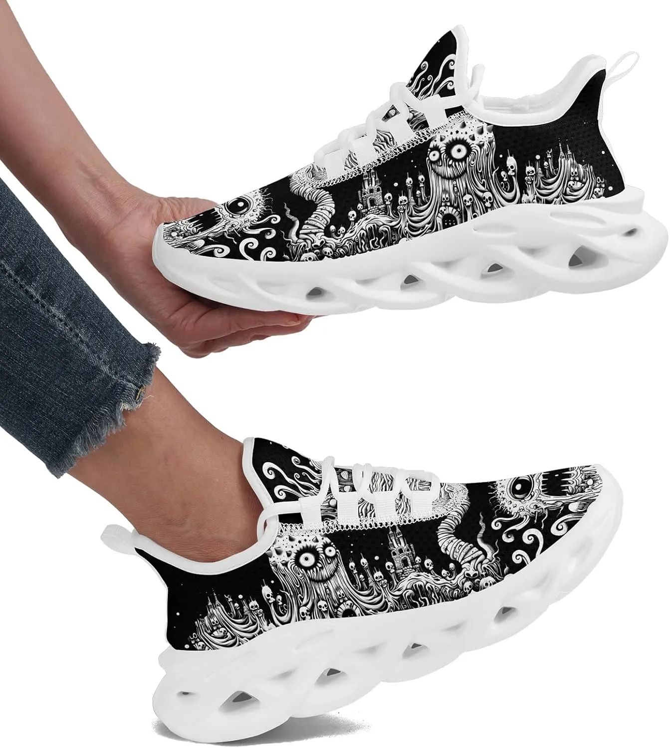 Men's Skull Gothic Running Shoes Lightweight Breathable Sport Shoes for Women Cushion Slip On Walking Sneaker