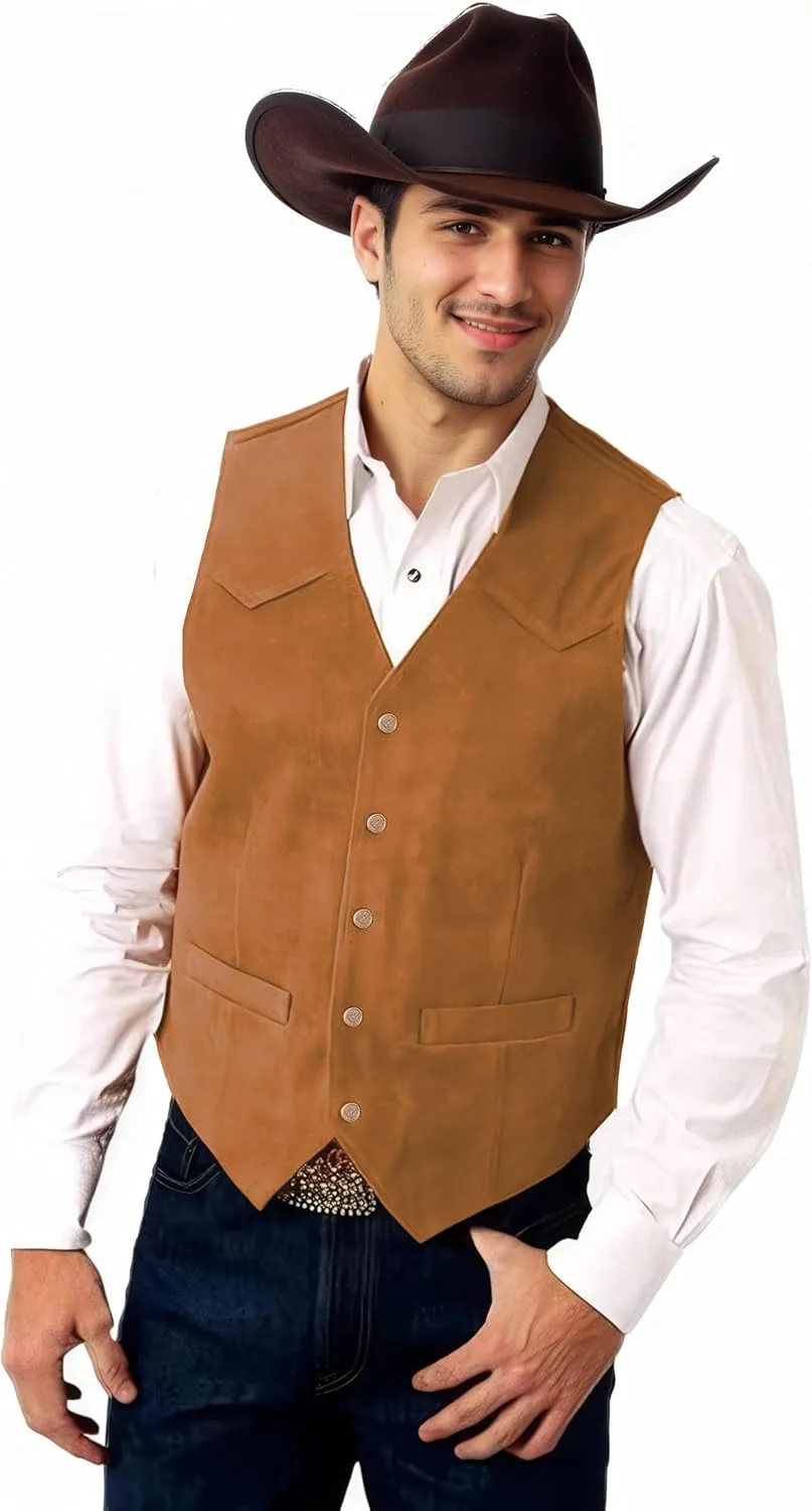 Men's Suede Leather Vest Casual Cowboy Western Vests Mens Waistcoat
