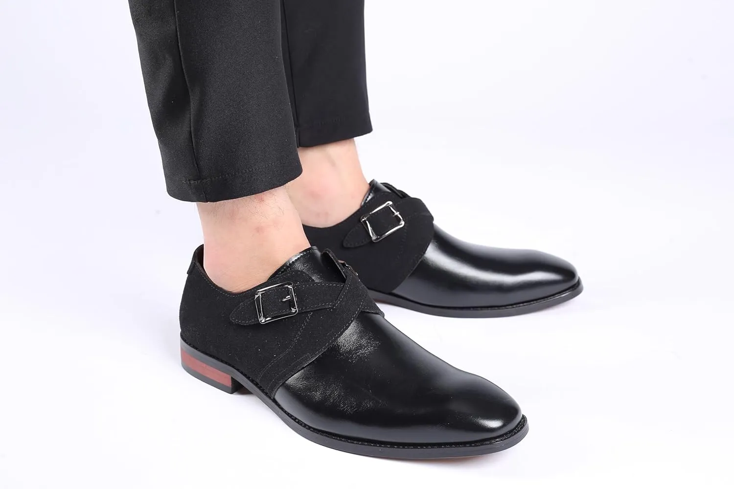 Men's Two-Tone Monk Strap Dress Shoes, Brown Leather and Olive Suede, Classic Buckle Design