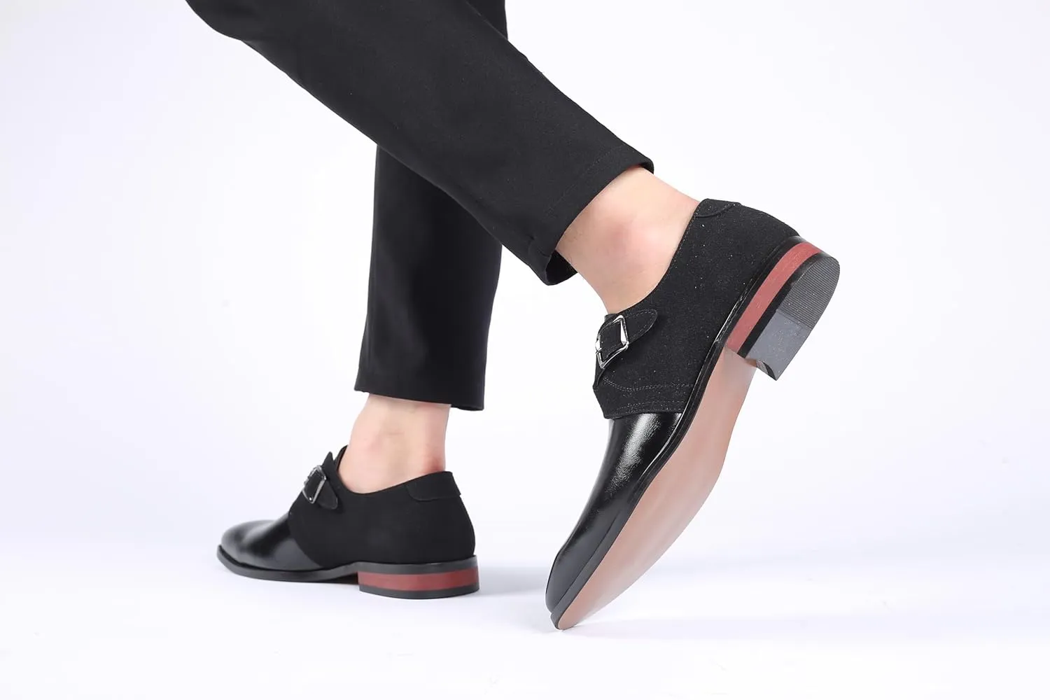 Men's Two-Tone Monk Strap Dress Shoes, Brown Leather and Olive Suede, Classic Buckle Design