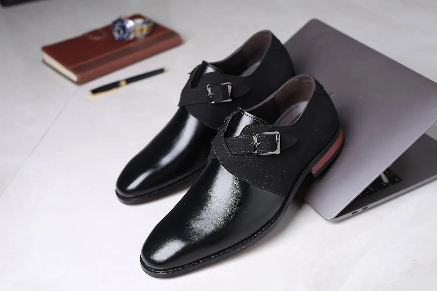 Men's Two-Tone Monk Strap Dress Shoes, Brown Leather and Olive Suede, Classic Buckle Design
