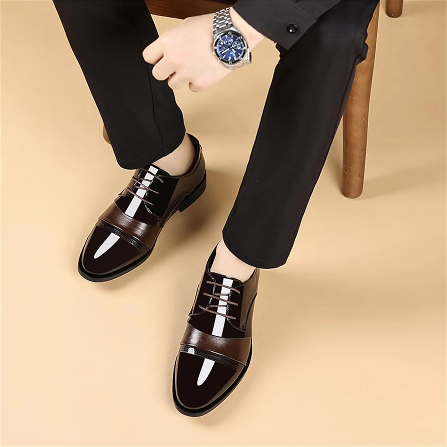 Men's Vintage High Gloss Patent Leather Oxfords Formal Business Lace up Tuxedo Dress Shoes