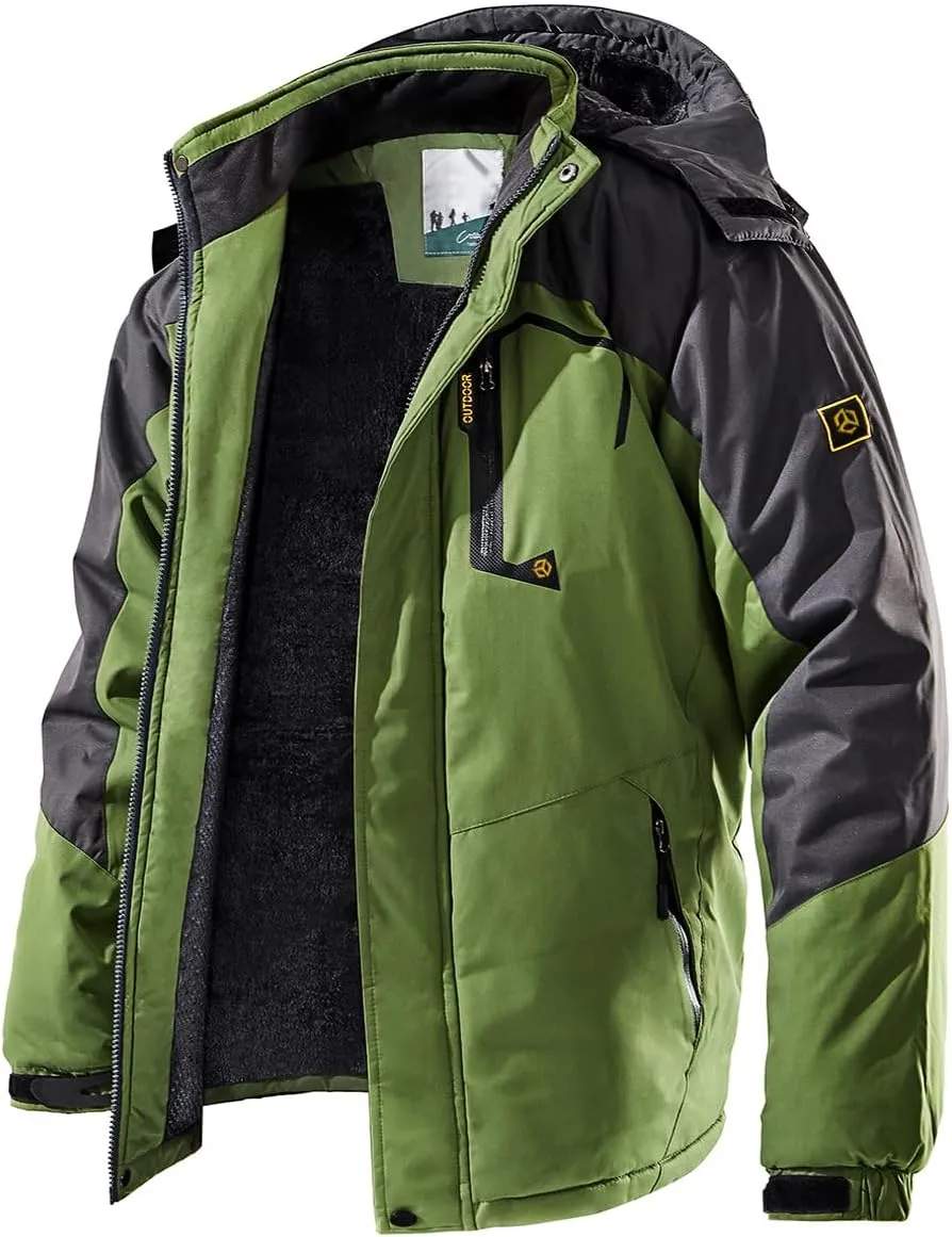 Men's Winter Ski Jacket Warm Fleece Waterproof Outdoor Mountain Hiking Windbreaker Hooded Snow Rain Coat