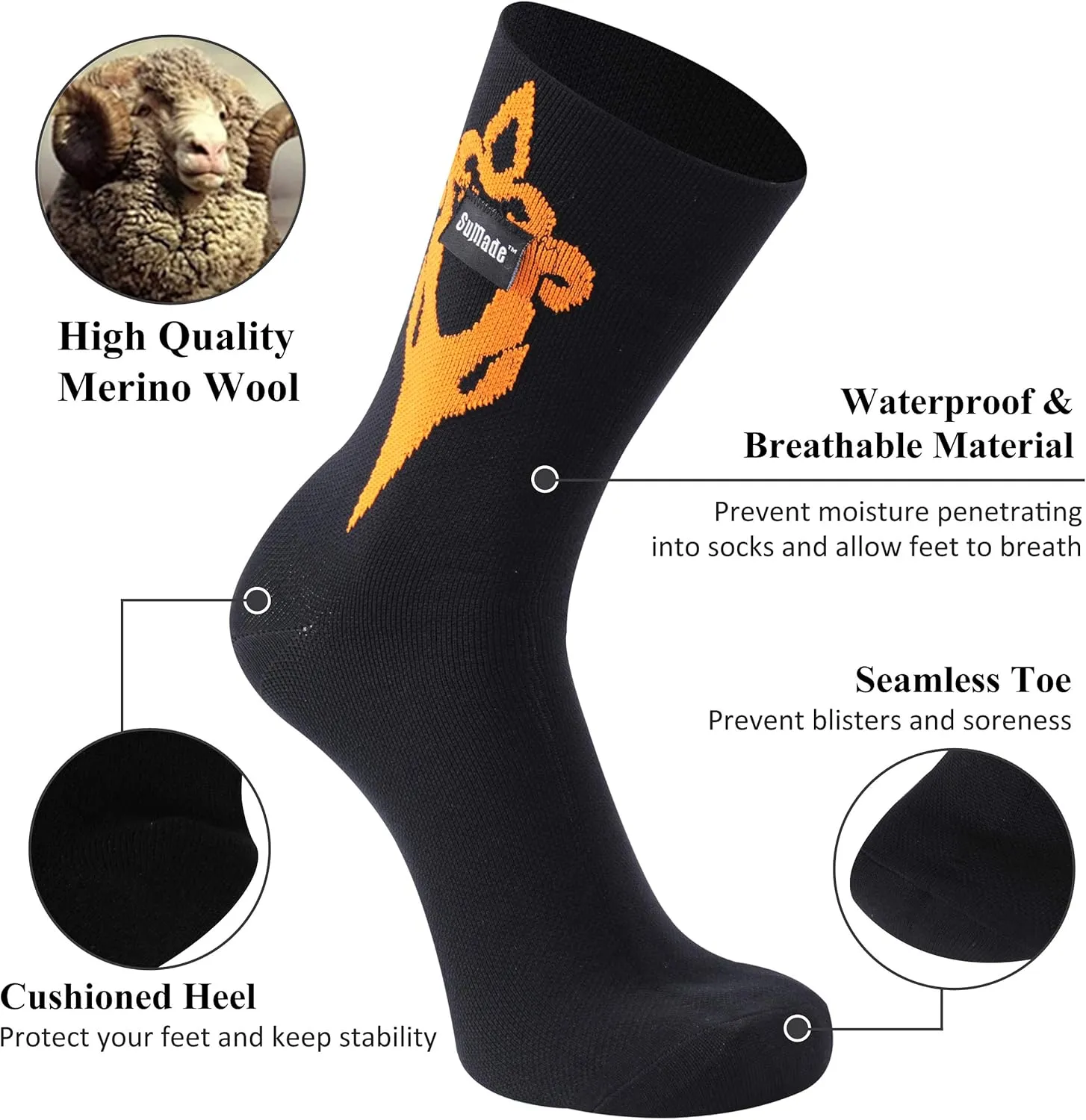 Merino Wool Waterproof Socks, Men Women Breathable Hiking Cycling Wading Socks