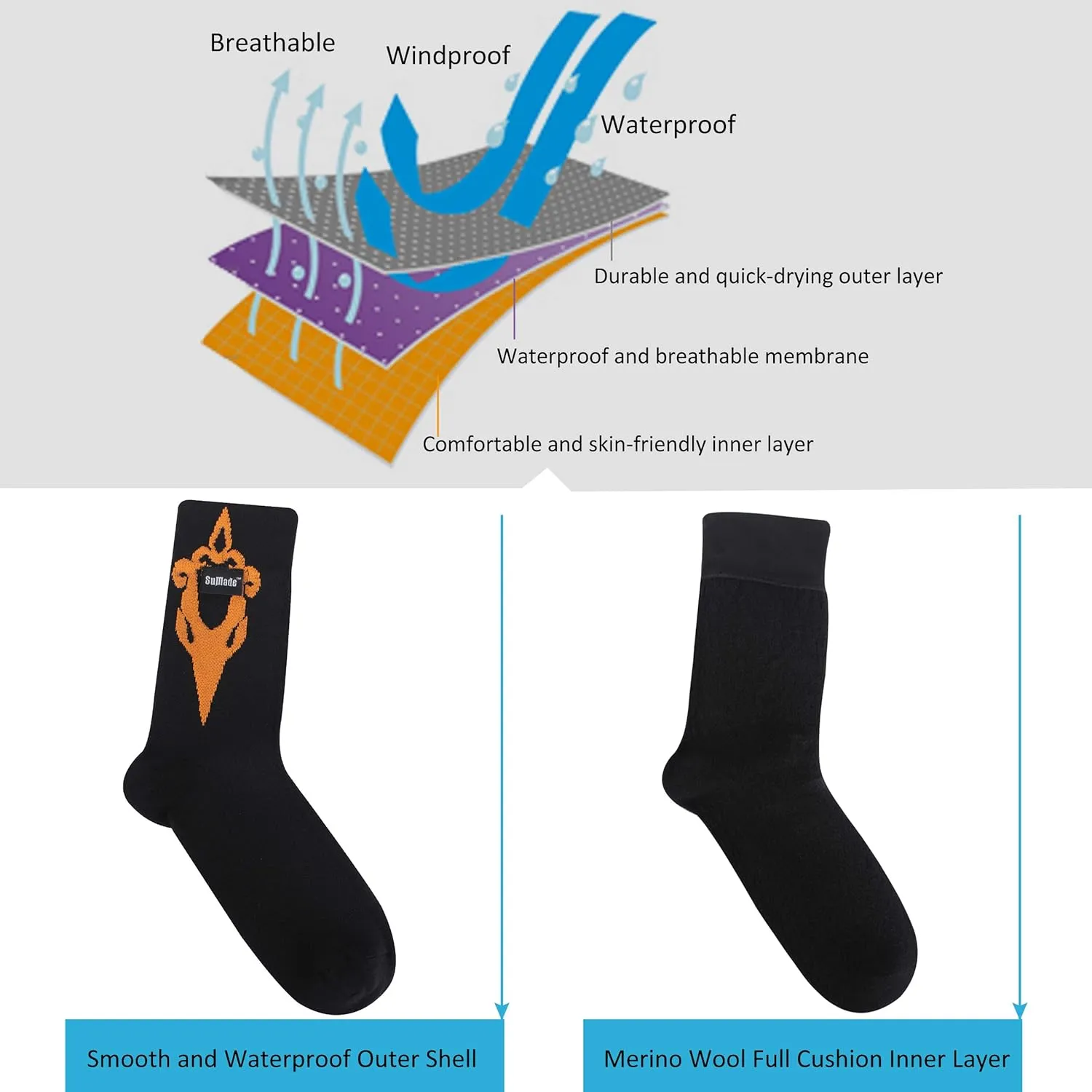 Merino Wool Waterproof Socks, Men Women Breathable Hiking Cycling Wading Socks