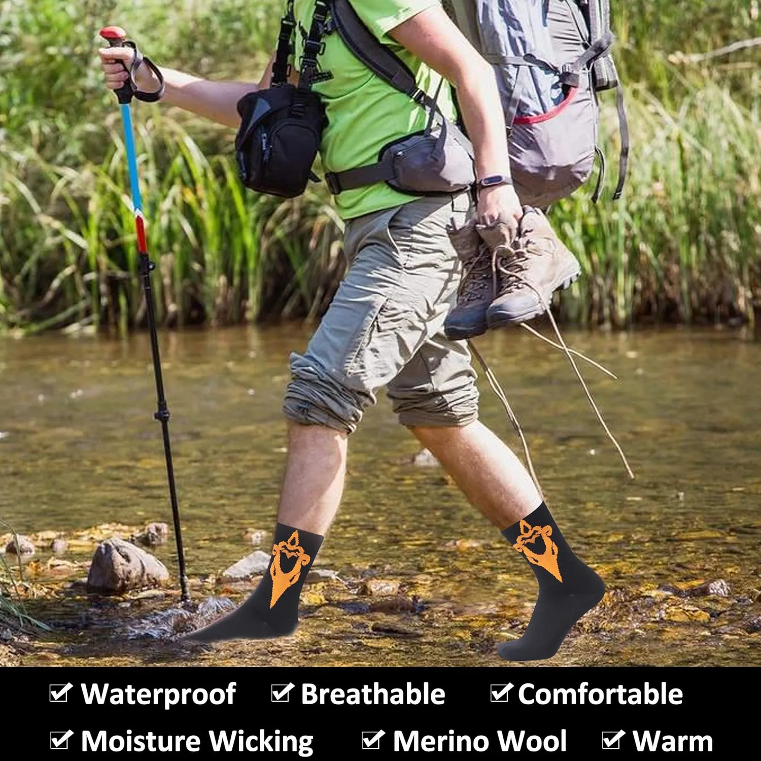 Merino Wool Waterproof Socks, Men Women Breathable Hiking Cycling Wading Socks