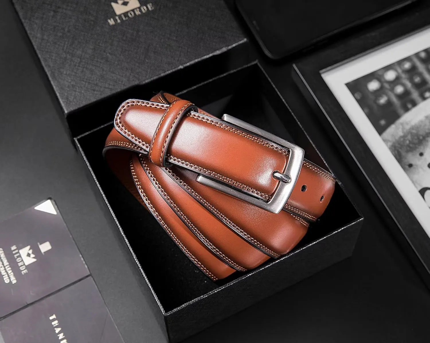 MILORDE Men's Genuine Leather Dress Belt, Handmade, 100% Cow Leather, Fashion & Classic Designs for Work Business and Casual