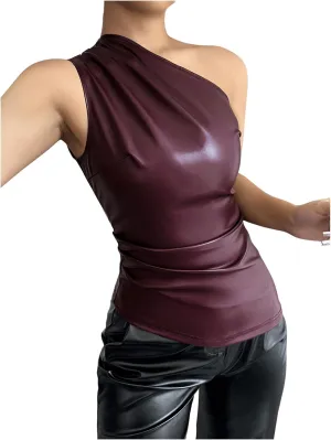 Milumia Women's One Shoulder PU Leather Shirt Top Asymmetrical Ruched Tank Tops Going Out