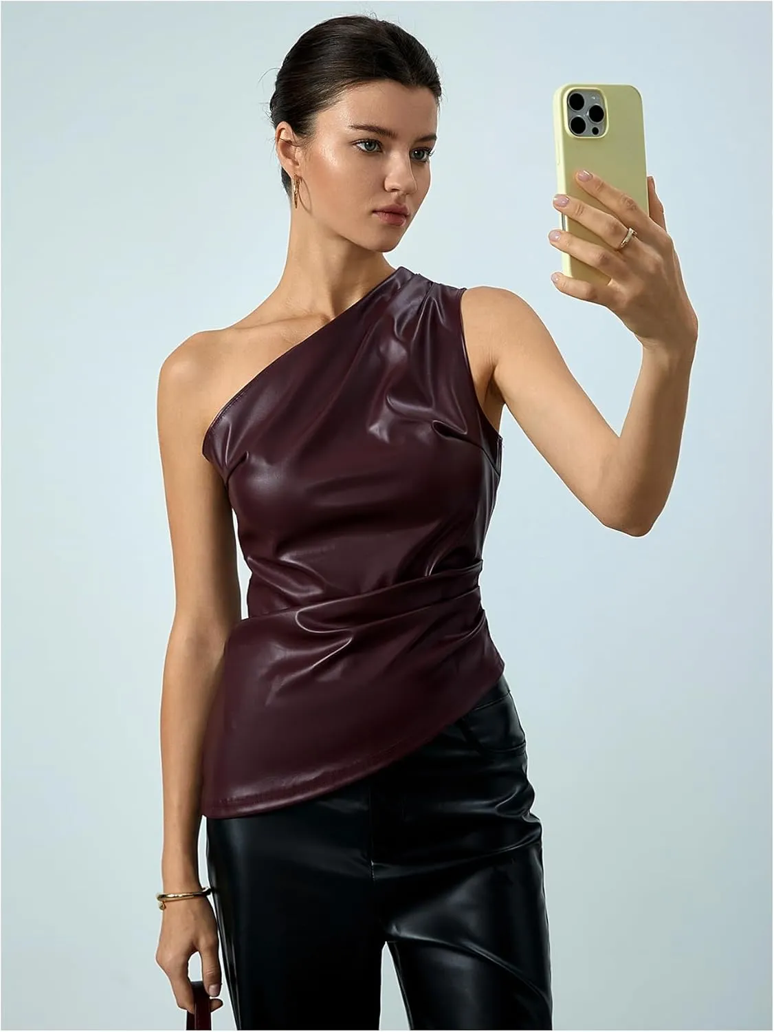 Milumia Women's One Shoulder PU Leather Shirt Top Asymmetrical Ruched Tank Tops Going Out