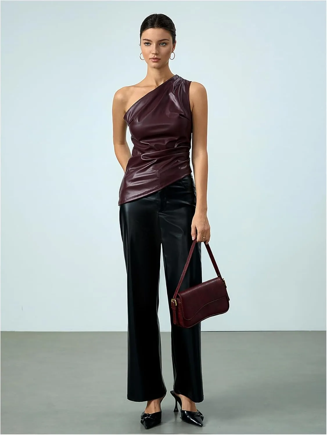 Milumia Women's One Shoulder PU Leather Shirt Top Asymmetrical Ruched Tank Tops Going Out