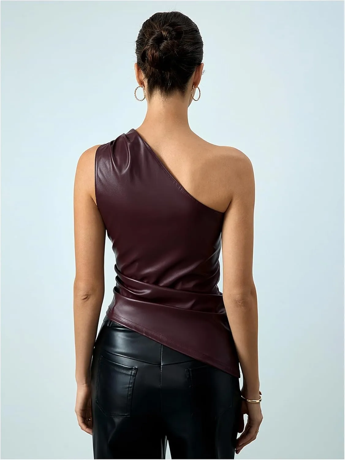 Milumia Women's One Shoulder PU Leather Shirt Top Asymmetrical Ruched Tank Tops Going Out