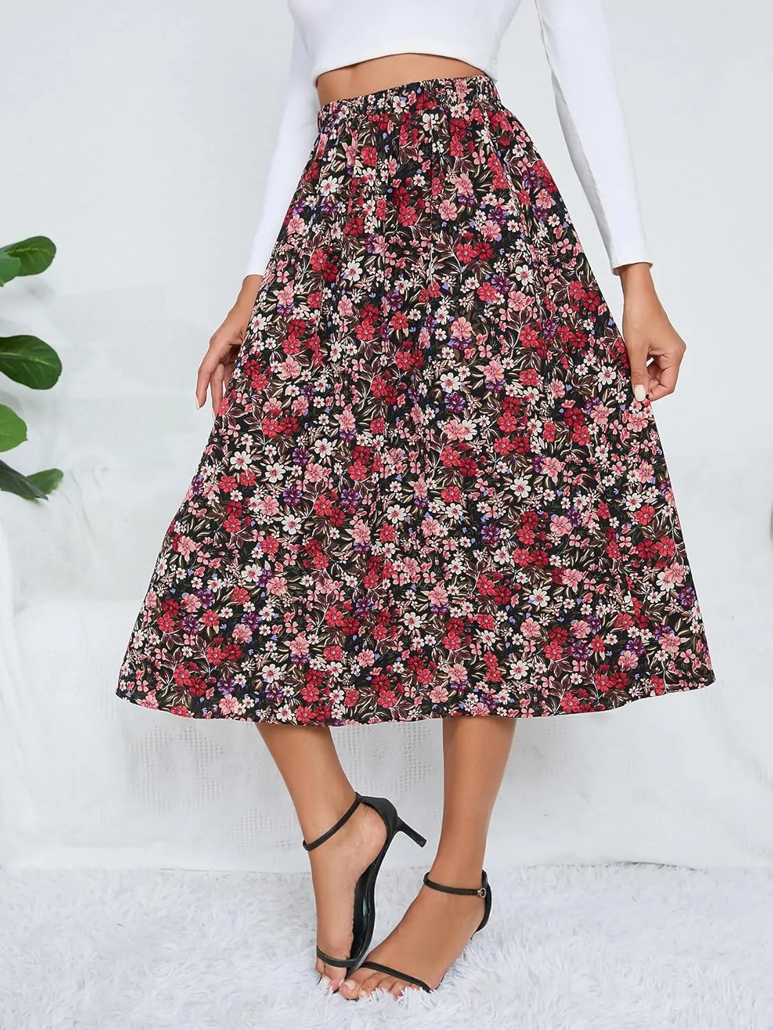 Milumia Women's Vintage Printed A Line High Waist Flare Flowy Casual Midi Skirts